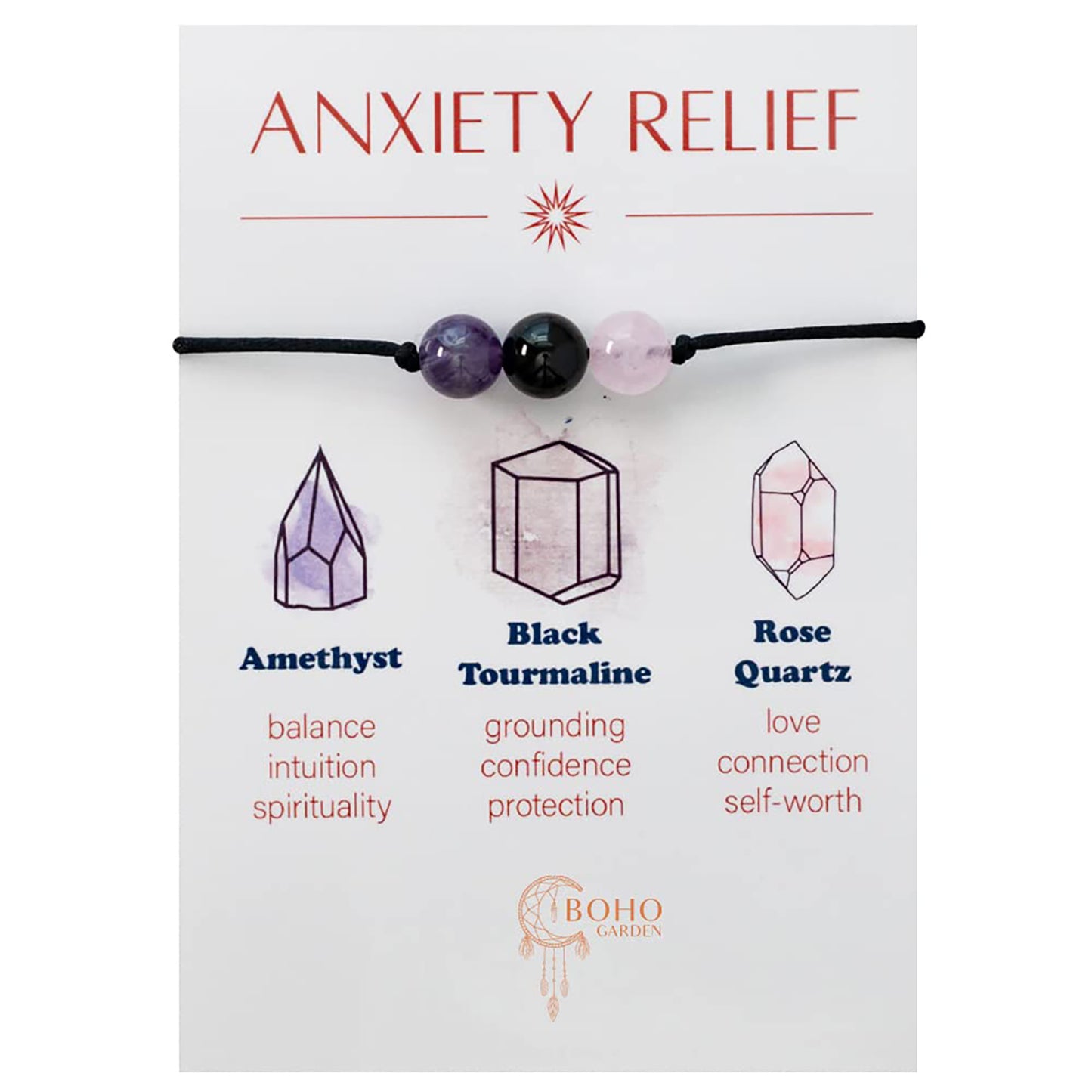 Healing Bead Bracelets - Spiritual Crystal Beaded Bracelet - Made of 3 Real & Natural Gemstones, Adjustable 3-9.7” Black Rope - Gem Stones Jewelry for Men, Women, Teens (13+) - 8mm Bead