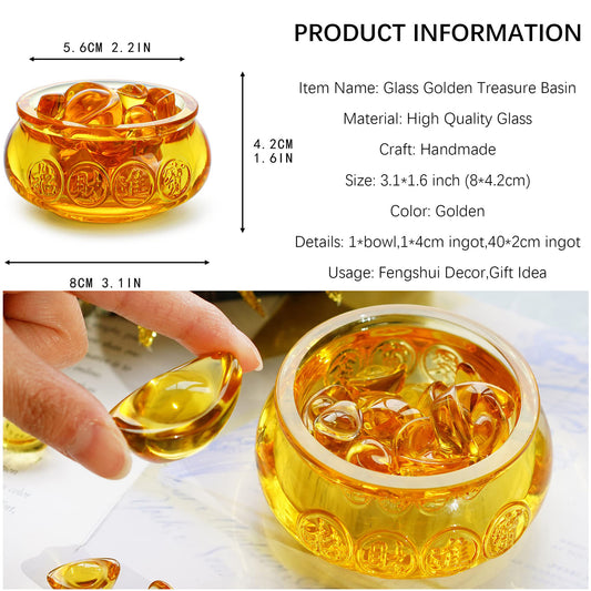3'' Handmade Crystal Glass Golden Treasure Basin with 41pcs Ingot/Yuan Bao Good Luck Wealth Prosperity Figurine Collectibles Feng Shui Decor for Home Office