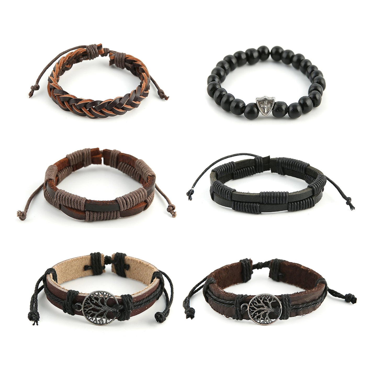 2pcs/set Genuine Leather Tree of life Bracelets Men Women, Tiger Eye Natural Stone Lava Rock Beads Ethnic Tribal Elastic Bracelets Wristbands