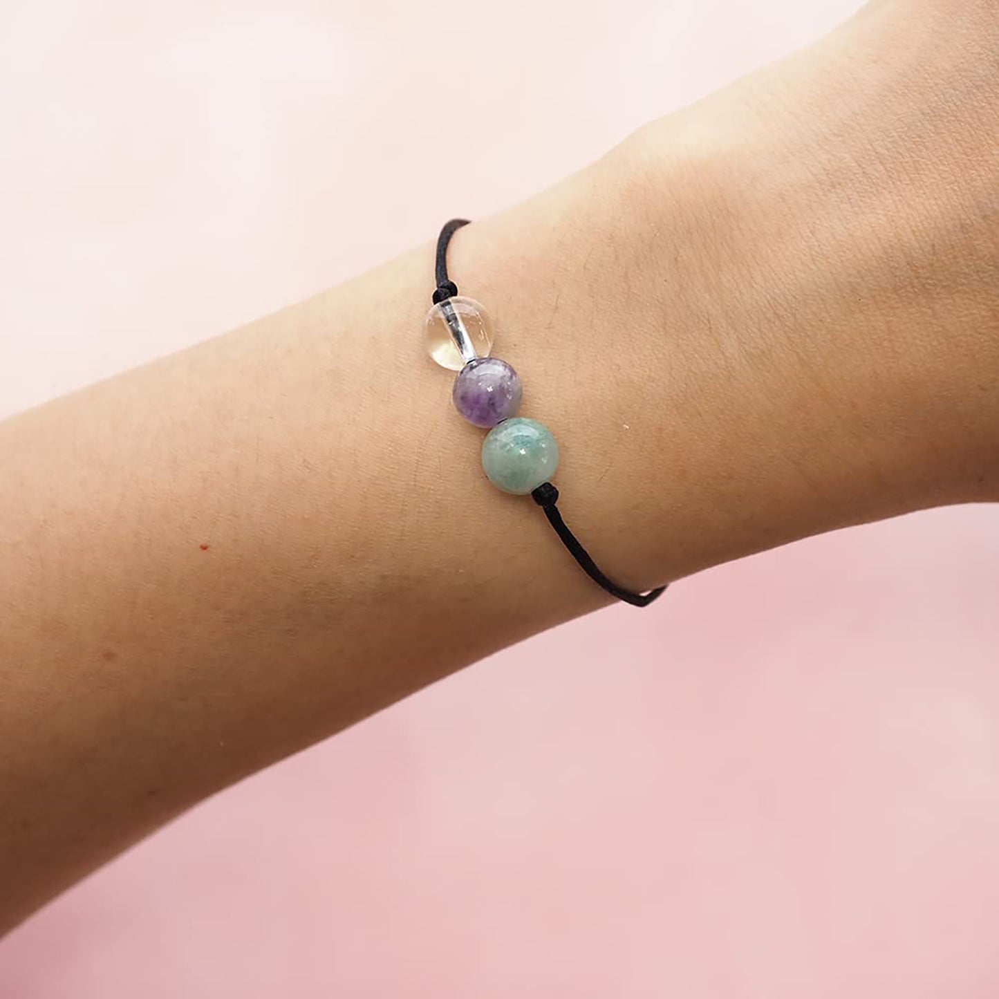 Healing Bead Bracelets - Spiritual Crystal Beaded Bracelet - Made of 3 Real & Natural Gemstones, Adjustable 3-9.7” Black Rope - Gem Stones Jewelry for Men, Women, Teens (13+) - 8mm Bead