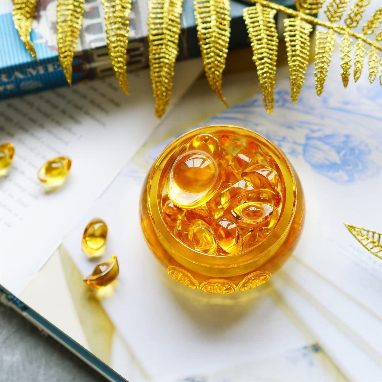 3'' Handmade Crystal Glass Golden Treasure Basin with 41pcs Ingot/Yuan Bao Good Luck Wealth Prosperity Figurine Collectibles Feng Shui Decor for Home Office