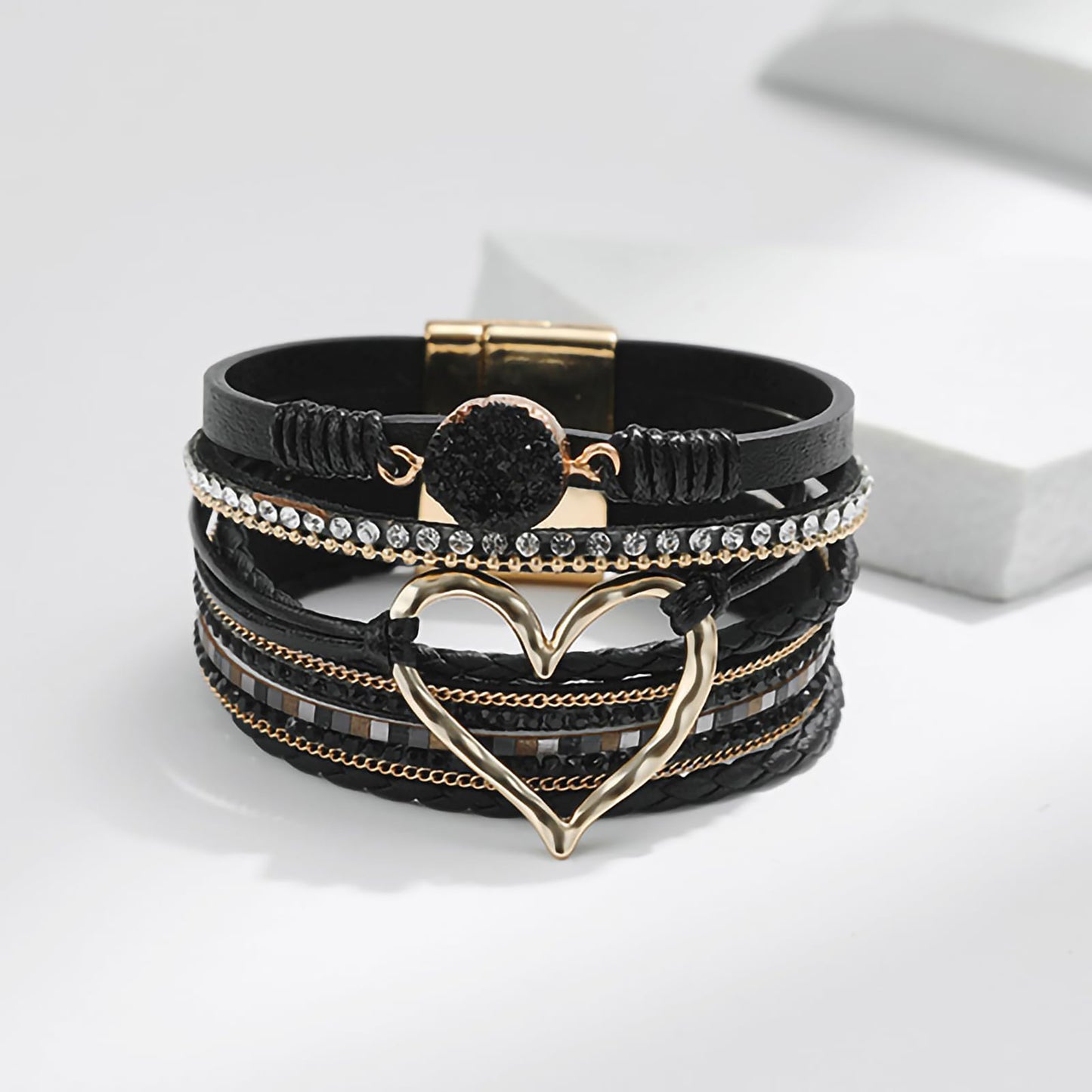 Leopard Bracelet for Women, Boho Leather Wrap Multi-Layer Pearl Crystal Bracelet Bangle Jewelry