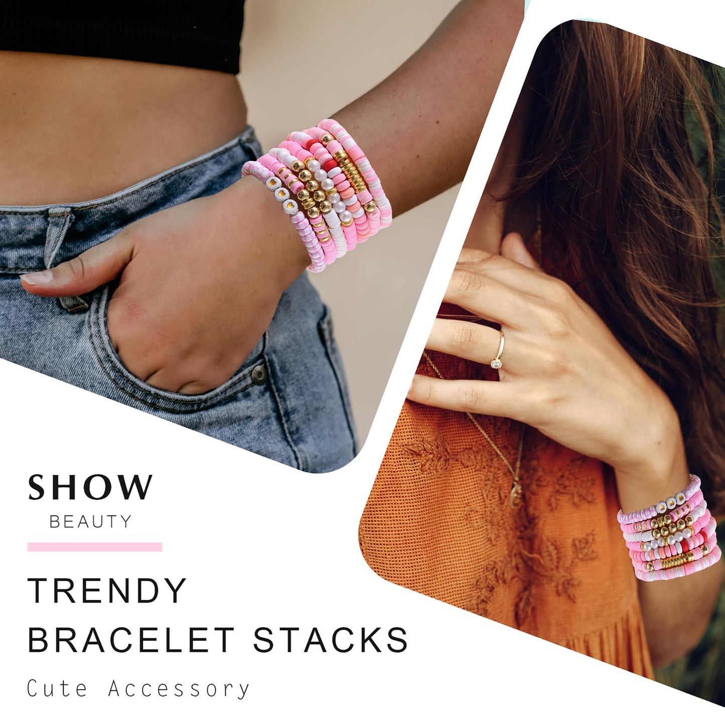 Friendship Bracelets Trendy Heishi Clay Bead Bracelets Stack Gold Beaded Stretch Bracelets for Women Boho Stackable Bracelets Bulk Cute Preppy Jewelry