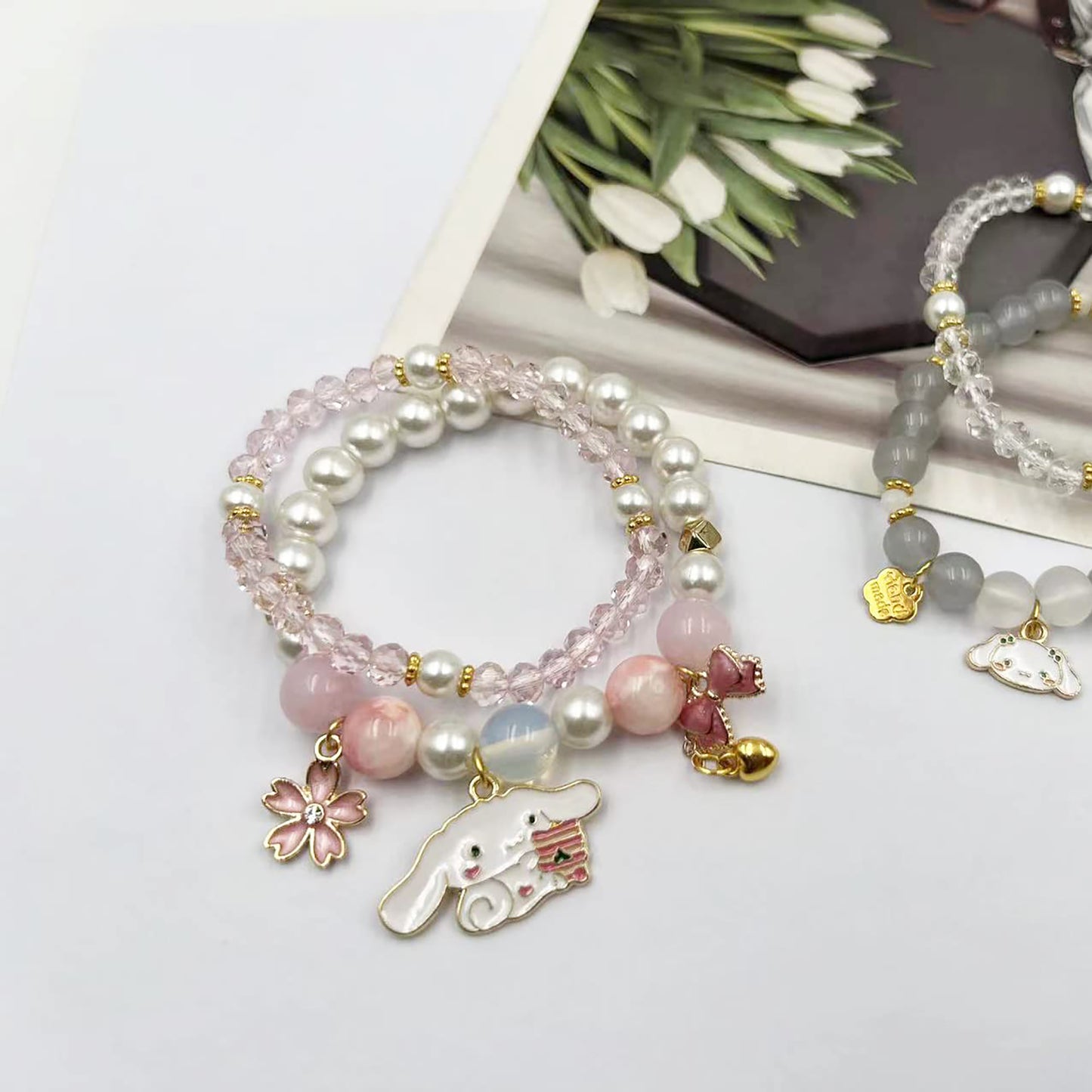 Matching Bracelets Set Crystal Beads Bracelet Cute Cartoon Elastic Beaded Pearl Bracelets Jewelry for Women Bff Friendship