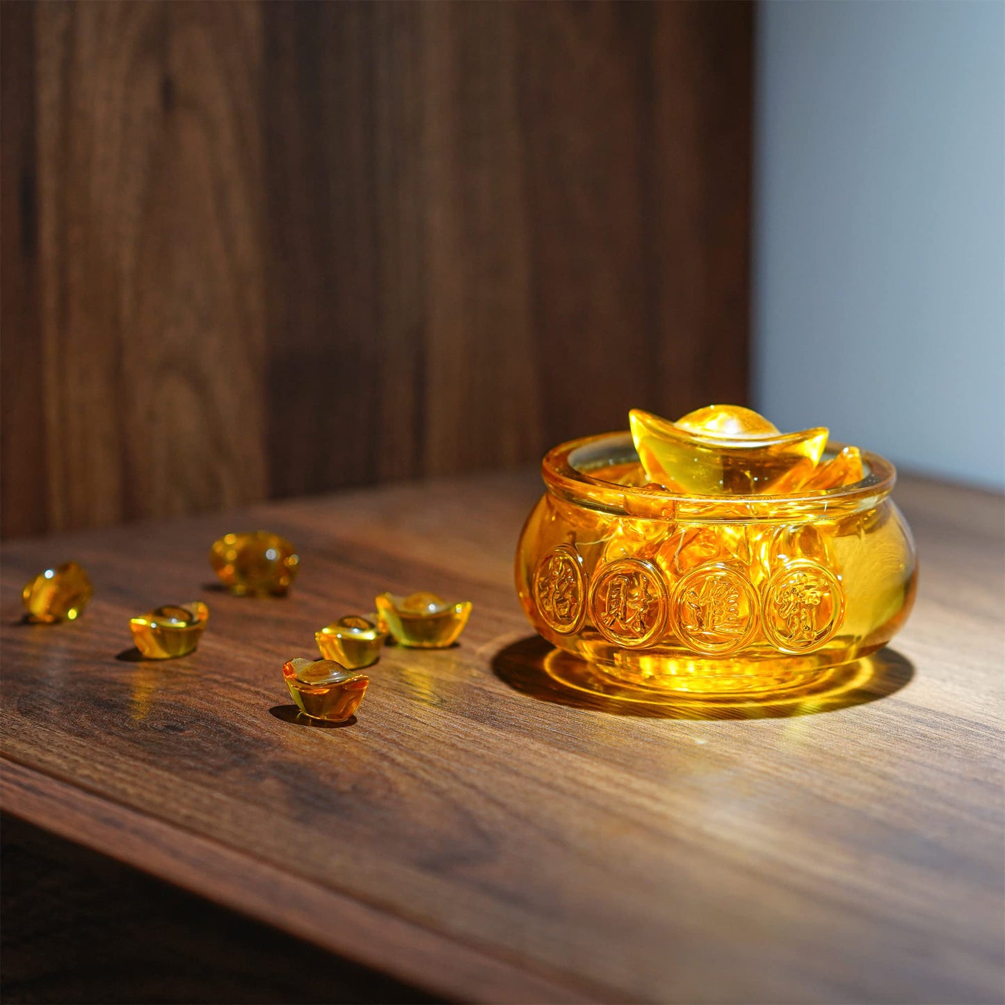 3'' Handmade Crystal Glass Golden Treasure Basin with 41pcs Ingot/Yuan Bao Good Luck Wealth Prosperity Figurine Collectibles Feng Shui Decor for Home Office