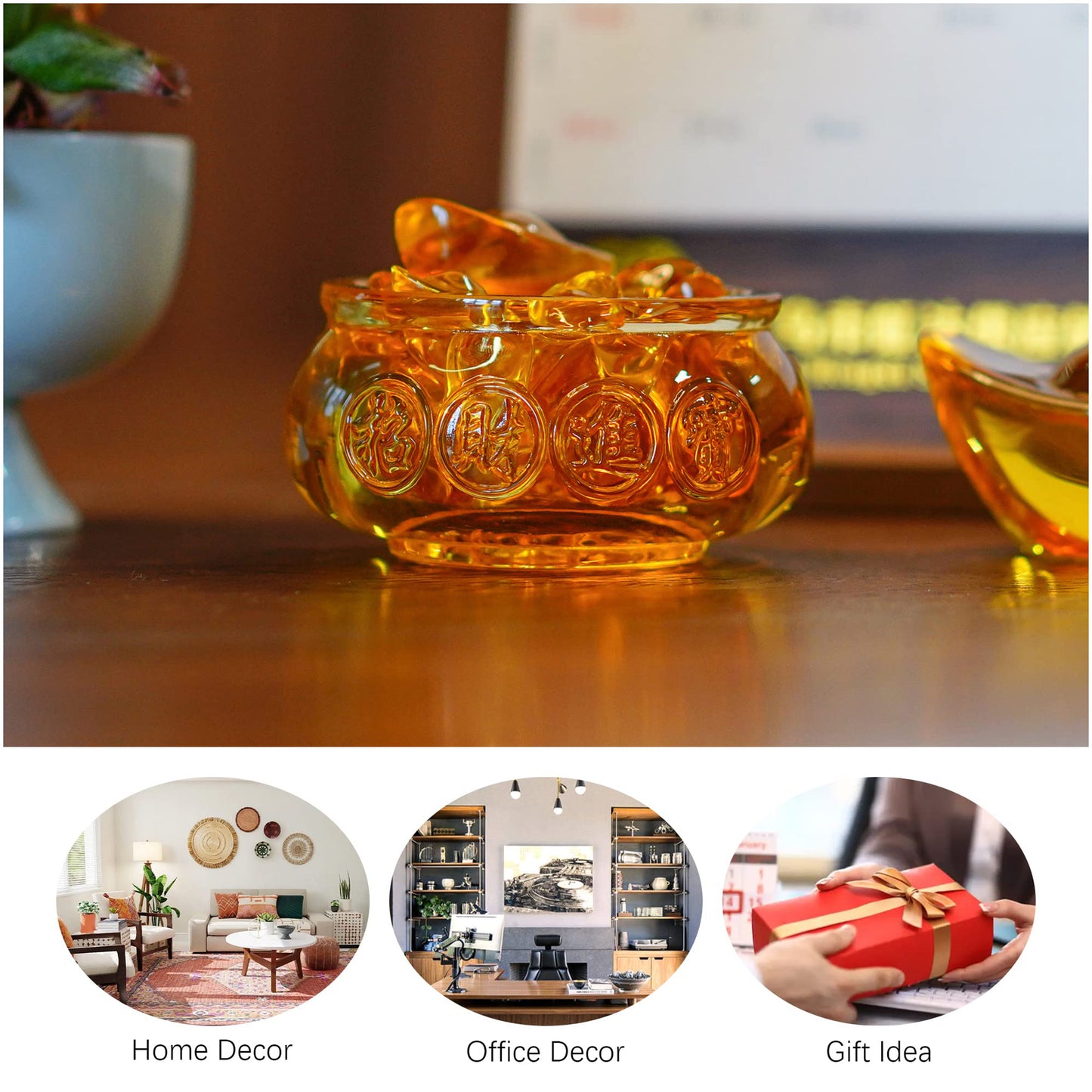 3'' Handmade Crystal Glass Golden Treasure Basin with 41pcs Ingot/Yuan Bao Good Luck Wealth Prosperity Figurine Collectibles Feng Shui Decor for Home Office