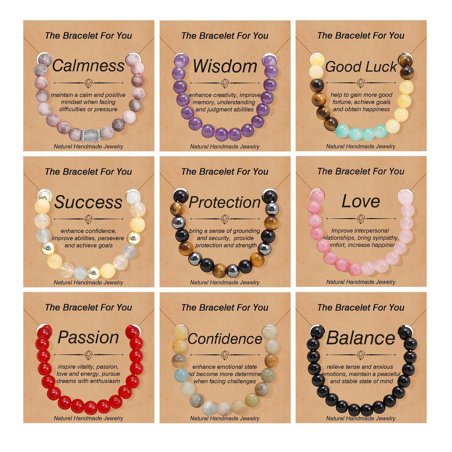 9 PCS Healing Crystal Bracelets for Women 8 MM Natural Stone Beaded Bracelet Protection Anxiety Spiritual Stretch Bracelet for Women Men