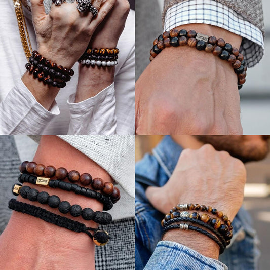 4pcs Tiger Eye Bracelet For Men 8MM Natural Stone Stretch Adjustable Black Crystal Beaded Bracelet for Men Women Gifts