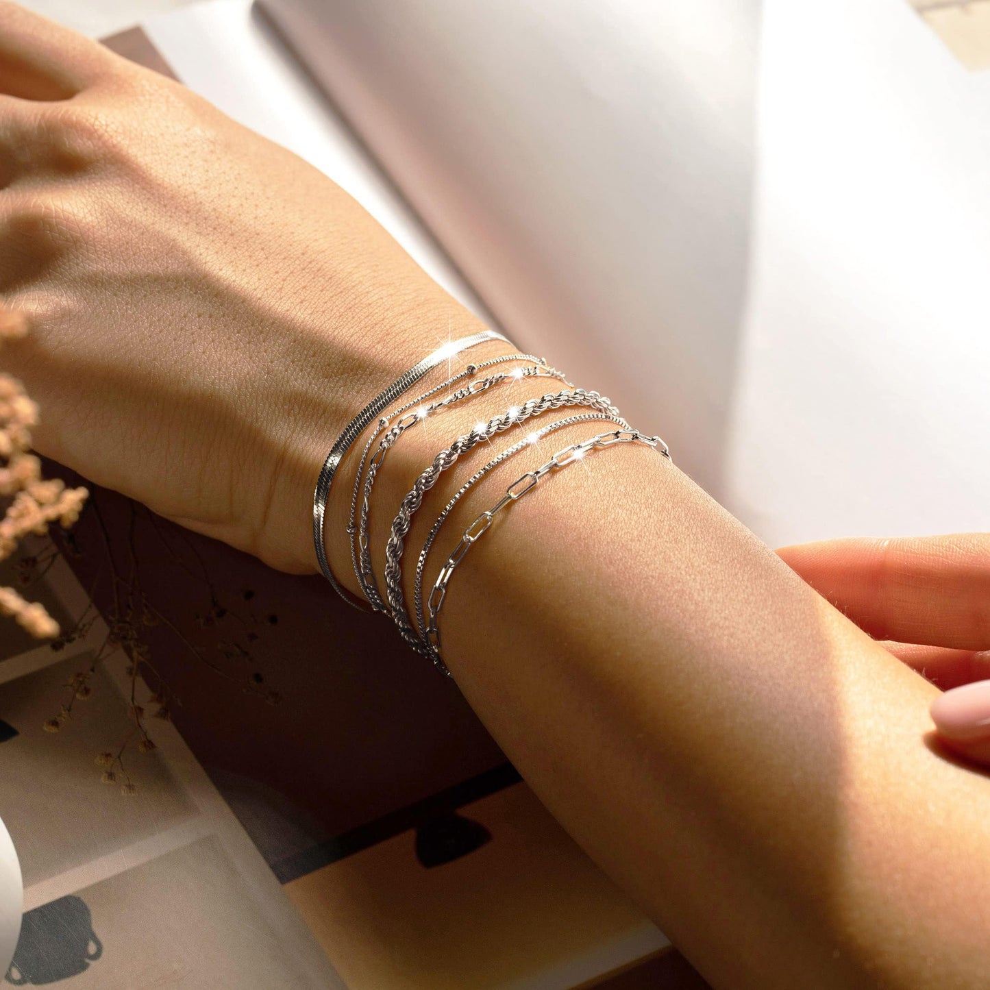Bracelets for Women Trendy, 925 Sterling Silver Jewelry Set for Women Bracelets for Women Paperclip Box Herringbone Figaro Rope Chain Bracelet Fashion Pack Gifts for Women