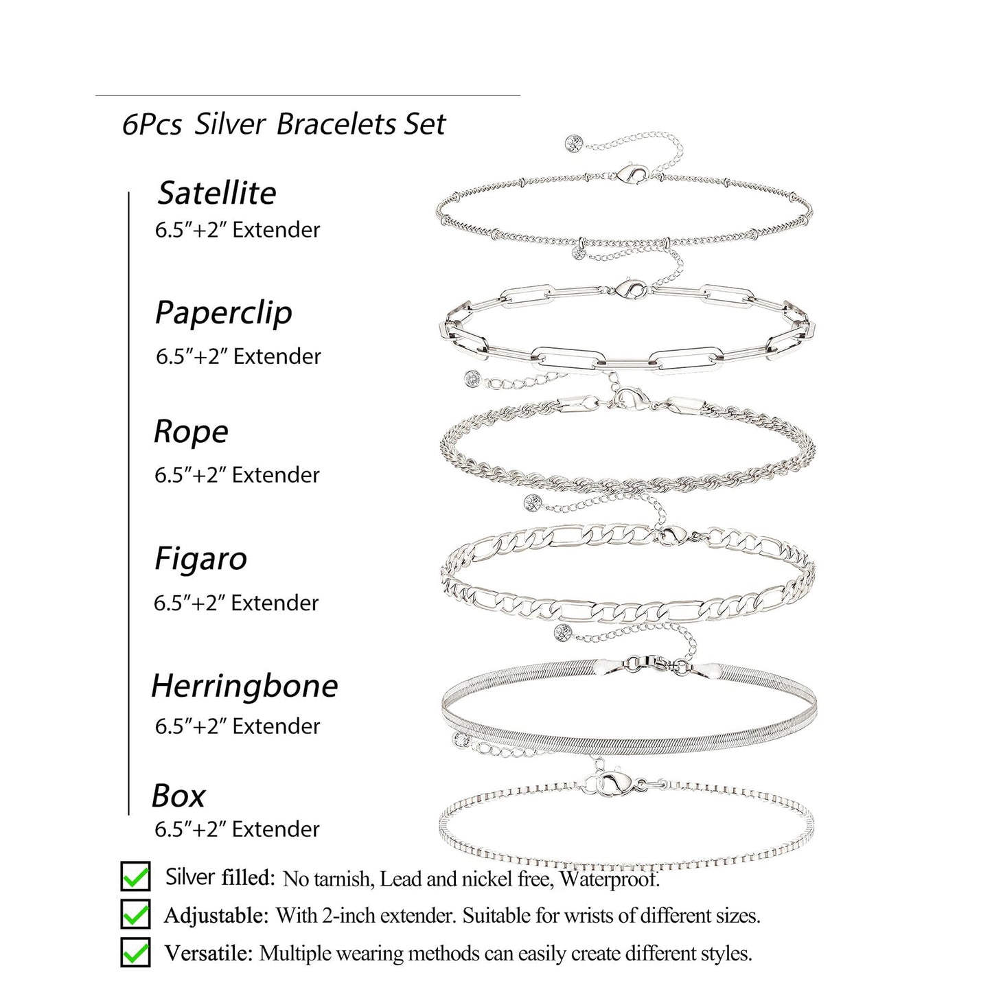 Bracelets for Women Trendy, 925 Sterling Silver Jewelry Set for Women Bracelets for Women Paperclip Box Herringbone Figaro Rope Chain Bracelet Fashion Pack Gifts for Women