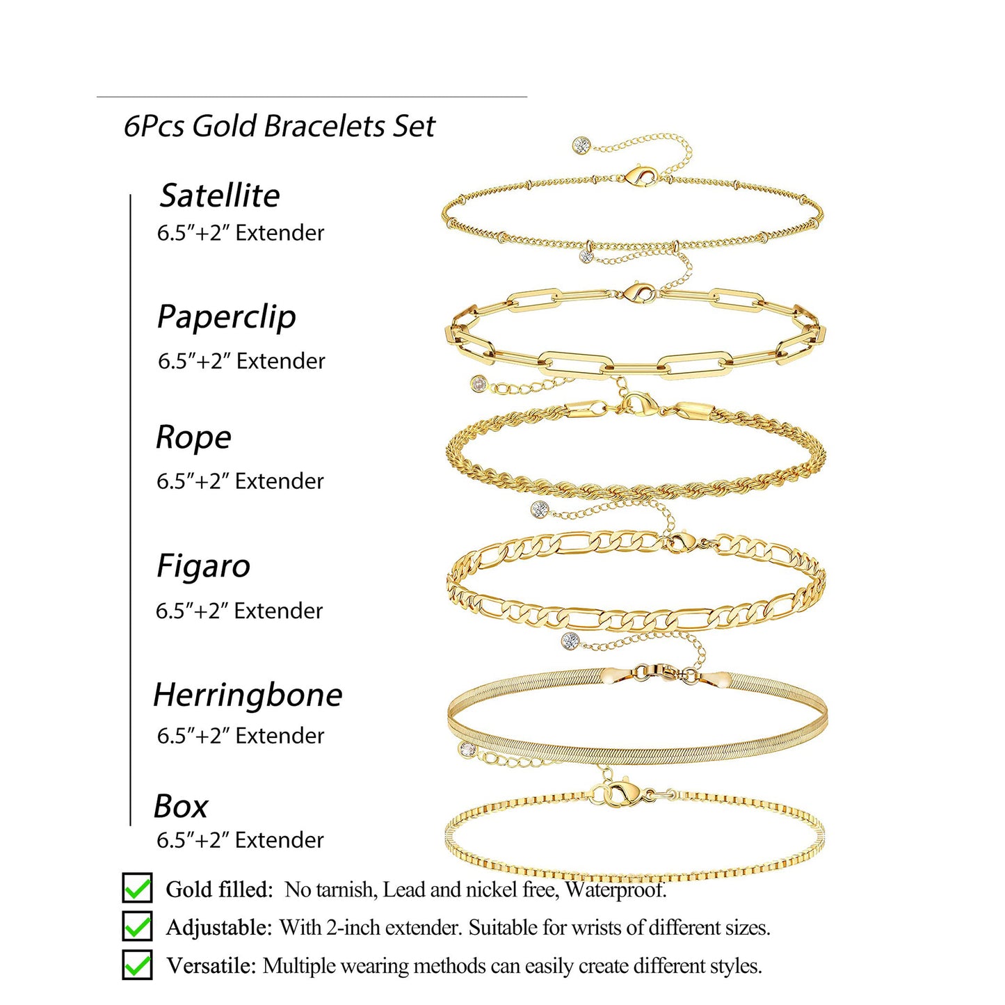 Bracelets for Women Trendy, 925 Sterling Silver Jewelry Set for Women Bracelets for Women Paperclip Box Herringbone Figaro Rope Chain Bracelet Fashion Pack Gifts for Women