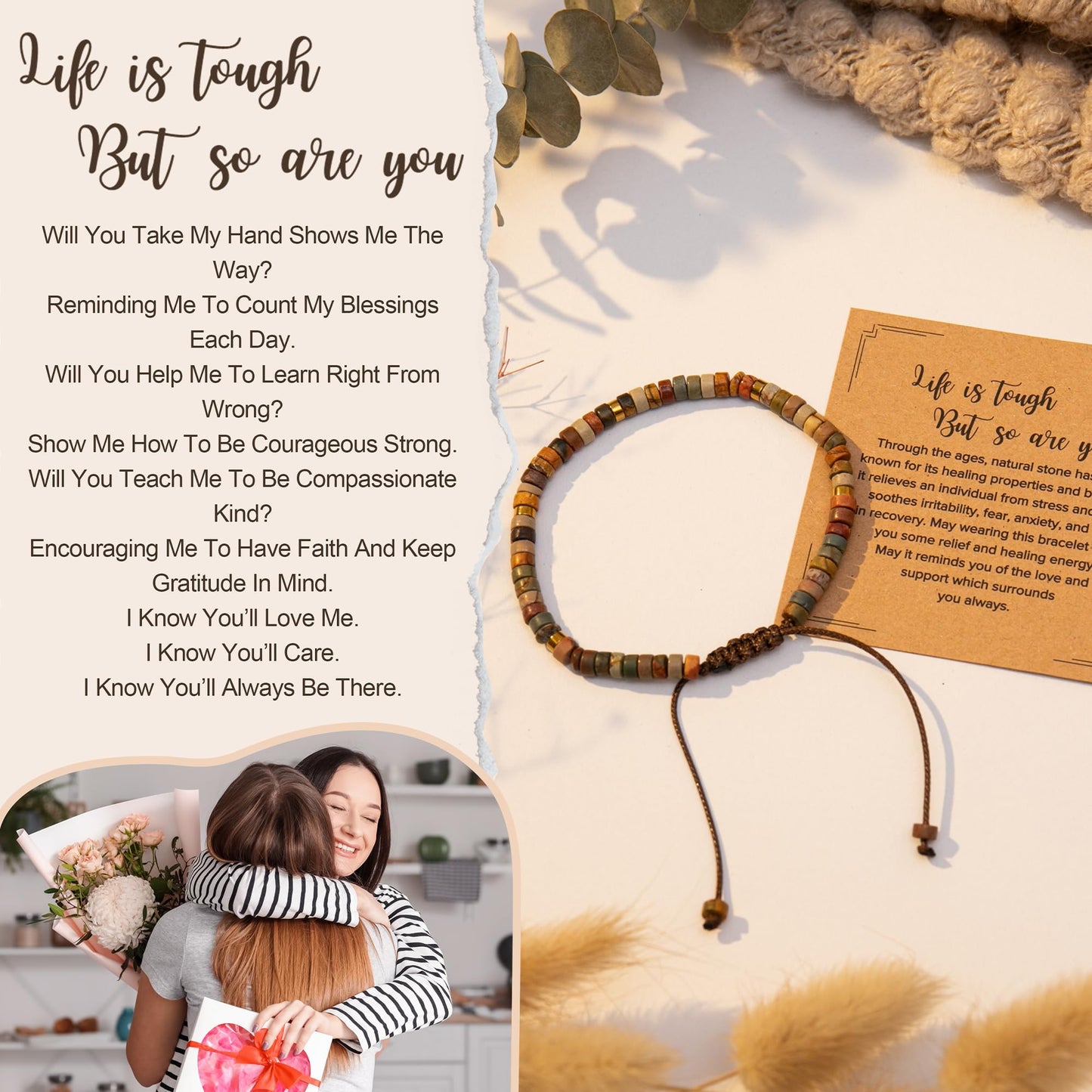 Inspirational Gifts Bracelets for Women Healing Natural Stone Bracelets - Get Well Soon Gifts for Women Best Friends Sister Girls - Life is Tough But So are You Bracelet