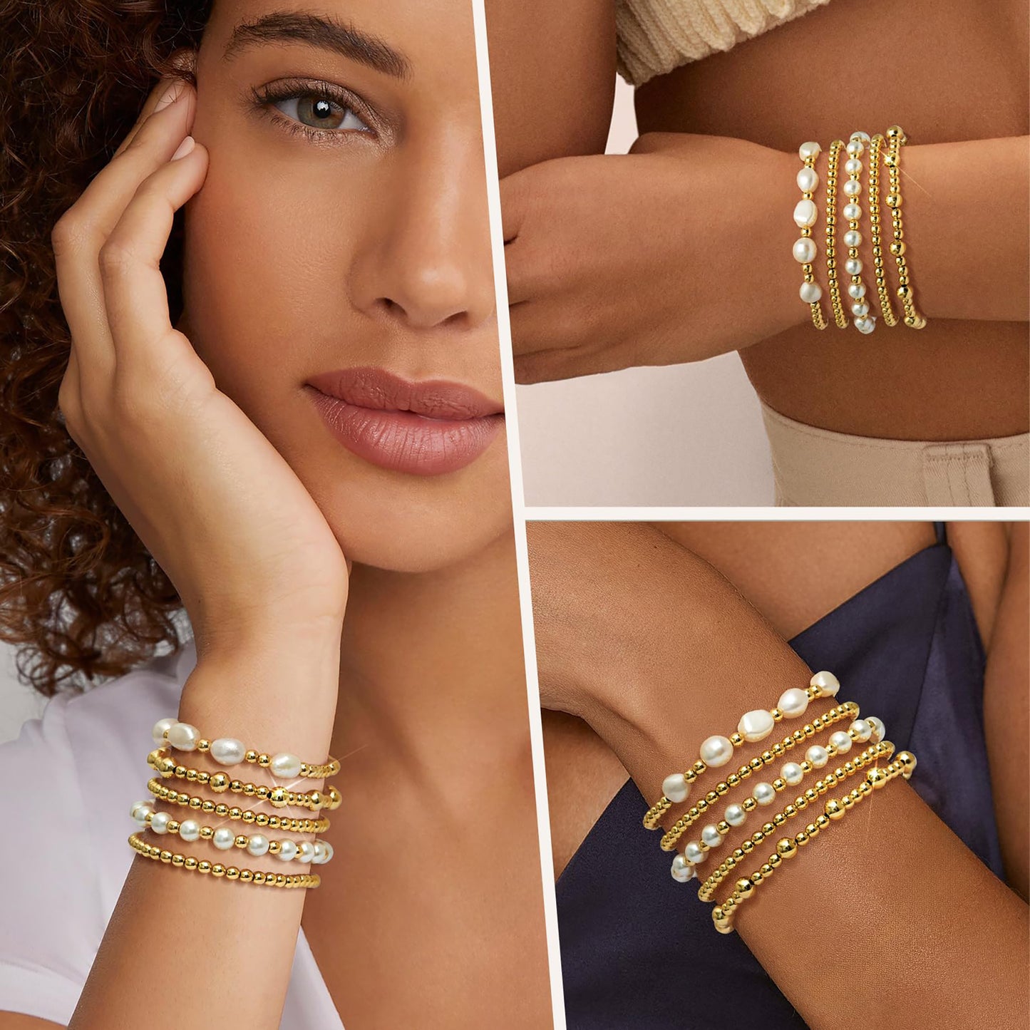 Gold/Silver Bracelets for Women Beaded Bracelet 14K Gold Plated Bracelet Stack Strand Stretch Bead Ball Bracelet Set Stackable Bracelet Adjustable Bracelet Set Jewelry for Gifts