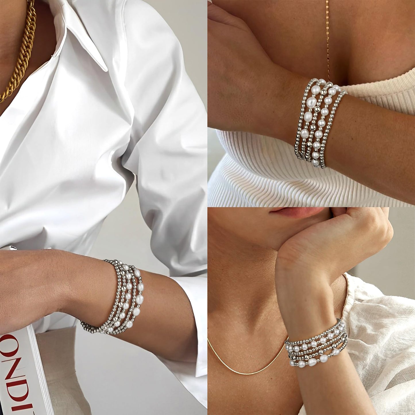 Gold/Silver Bracelets for Women Beaded Bracelet 14K Gold Plated Bracelet Stack Strand Stretch Bead Ball Bracelet Set Stackable Bracelet Adjustable Bracelet Set Jewelry for Gifts