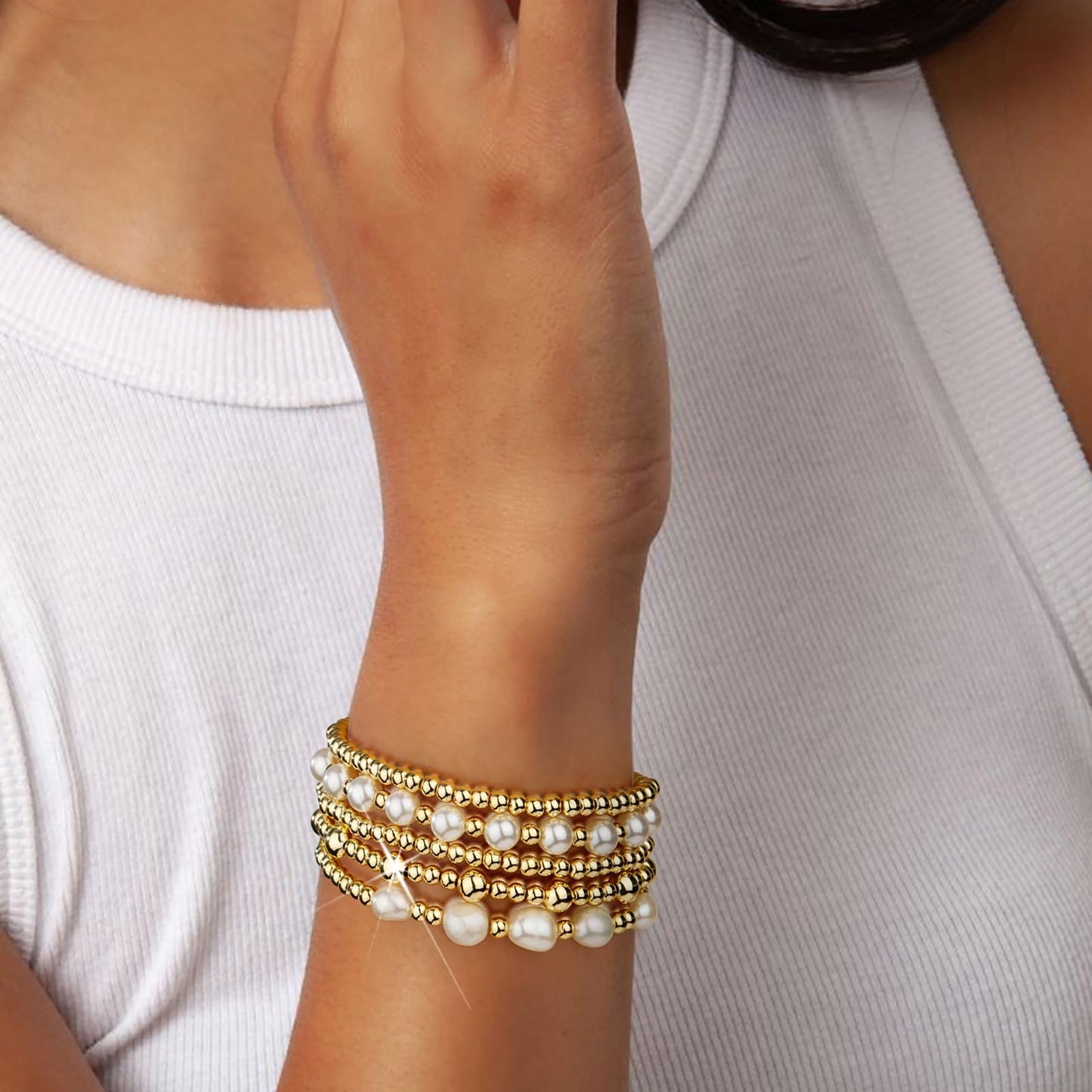 Gold/Silver Bracelets for Women Beaded Bracelet 14K Gold Plated Bracelet Stack Strand Stretch Bead Ball Bracelet Set Stackable Bracelet Adjustable Bracelet Set Jewelry for Gifts