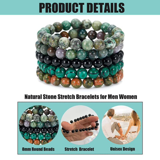 5PCS Semi-Precious Gemstone Bracelet - Healing Crystal Stone Beaded Bracelets for Women Men 8mm Round Beaded Stretch Bracelets Unisex Yoga Bracelets