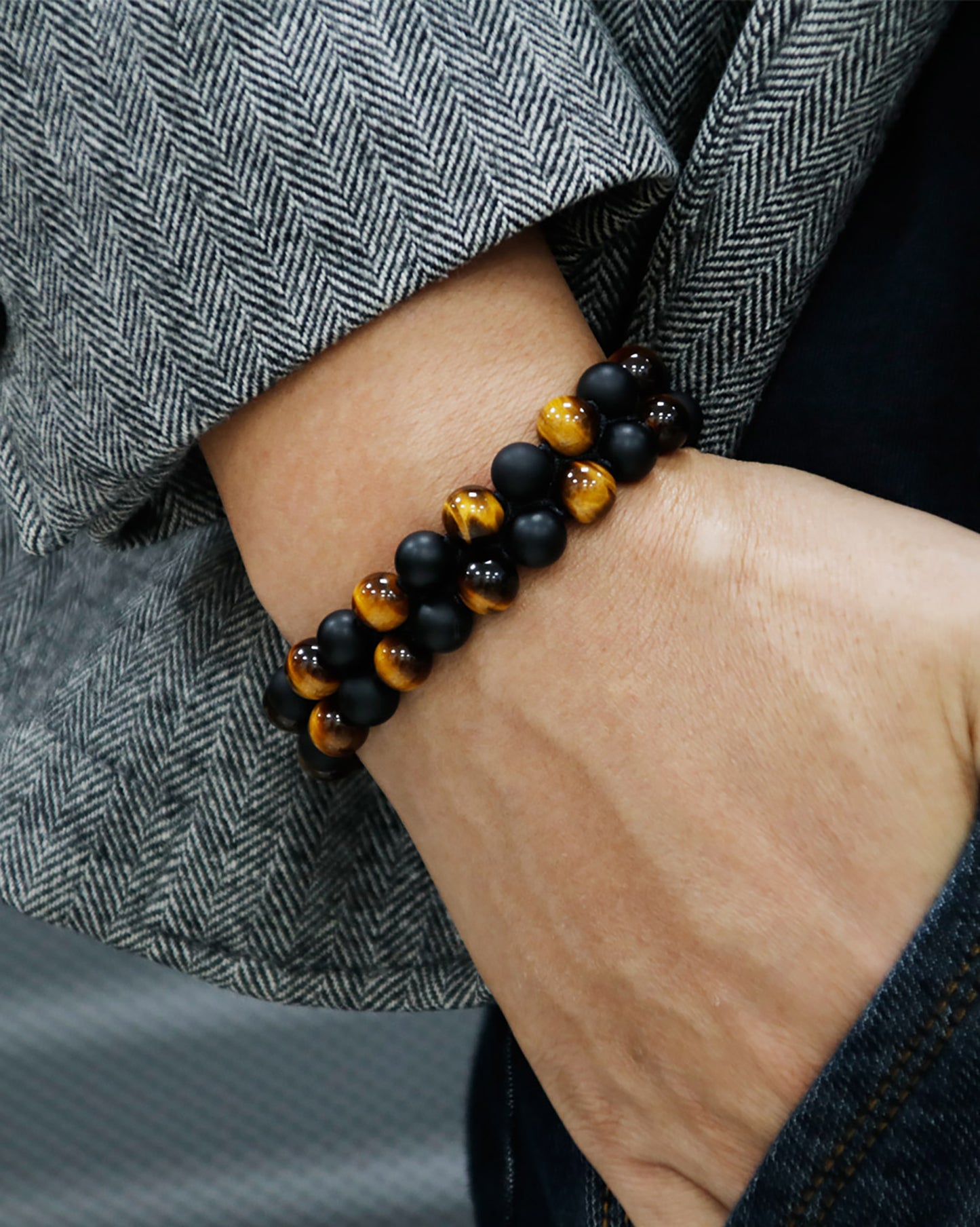 Triple Protection Bracelet for Women Men, 10mm Crystal Beads Bracelet Handmade with Real Tiger Eye Black Obsidian and Hematite, Natural Crystal Bracelet Mens Christmas Gift for Protection and Balance