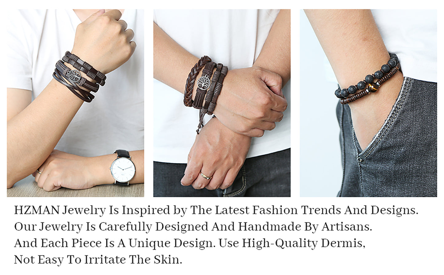 2pcs/set Genuine Leather Tree of life Bracelets Men Women, Tiger Eye Natural Stone Lava Rock Beads Ethnic Tribal Elastic Bracelets Wristbands