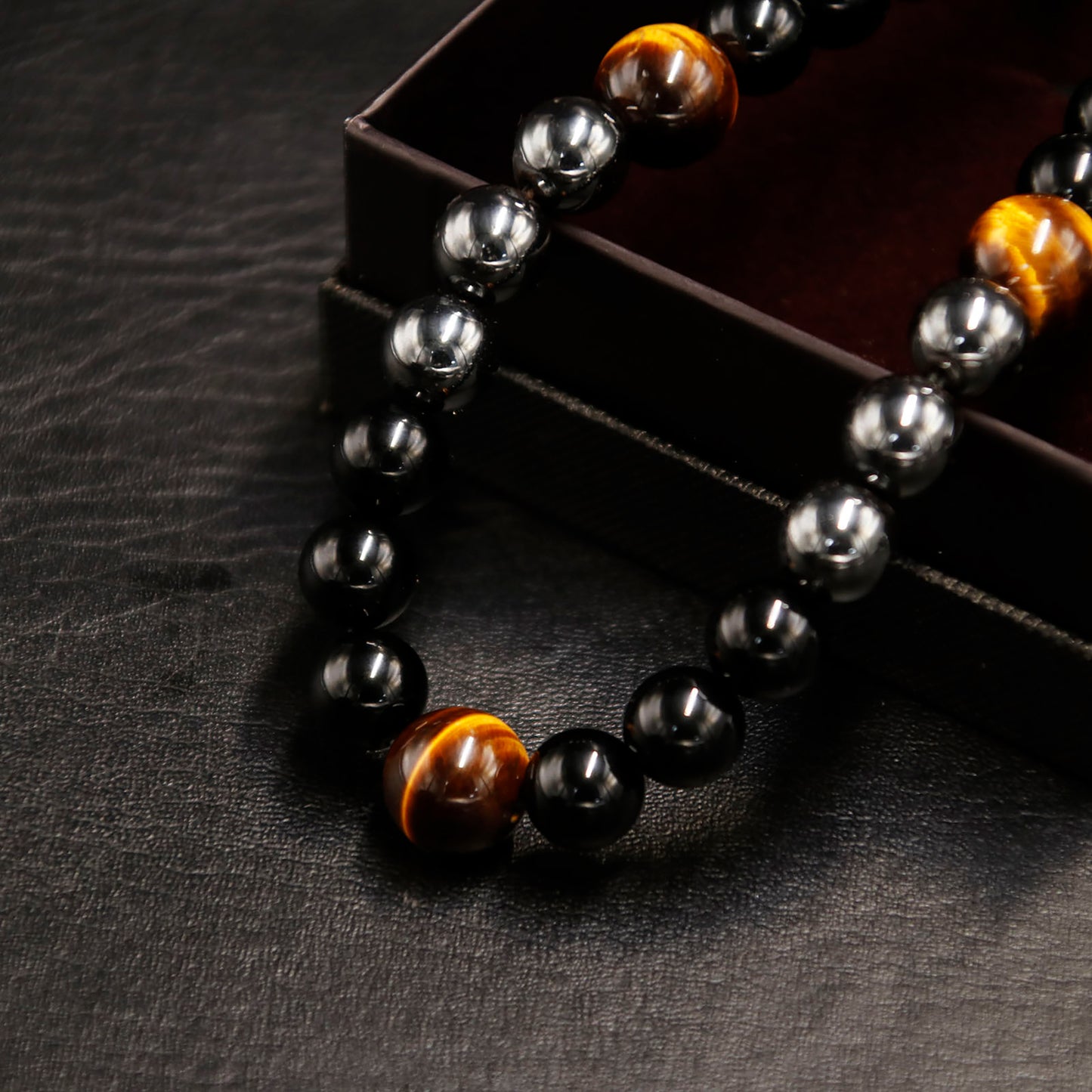 Triple Protection Bracelet for Women Men, 10mm Crystal Beads Bracelet Handmade with Real Tiger Eye Black Obsidian and Hematite, Natural Crystal Bracelet Mens Christmas Gift for Protection and Balance