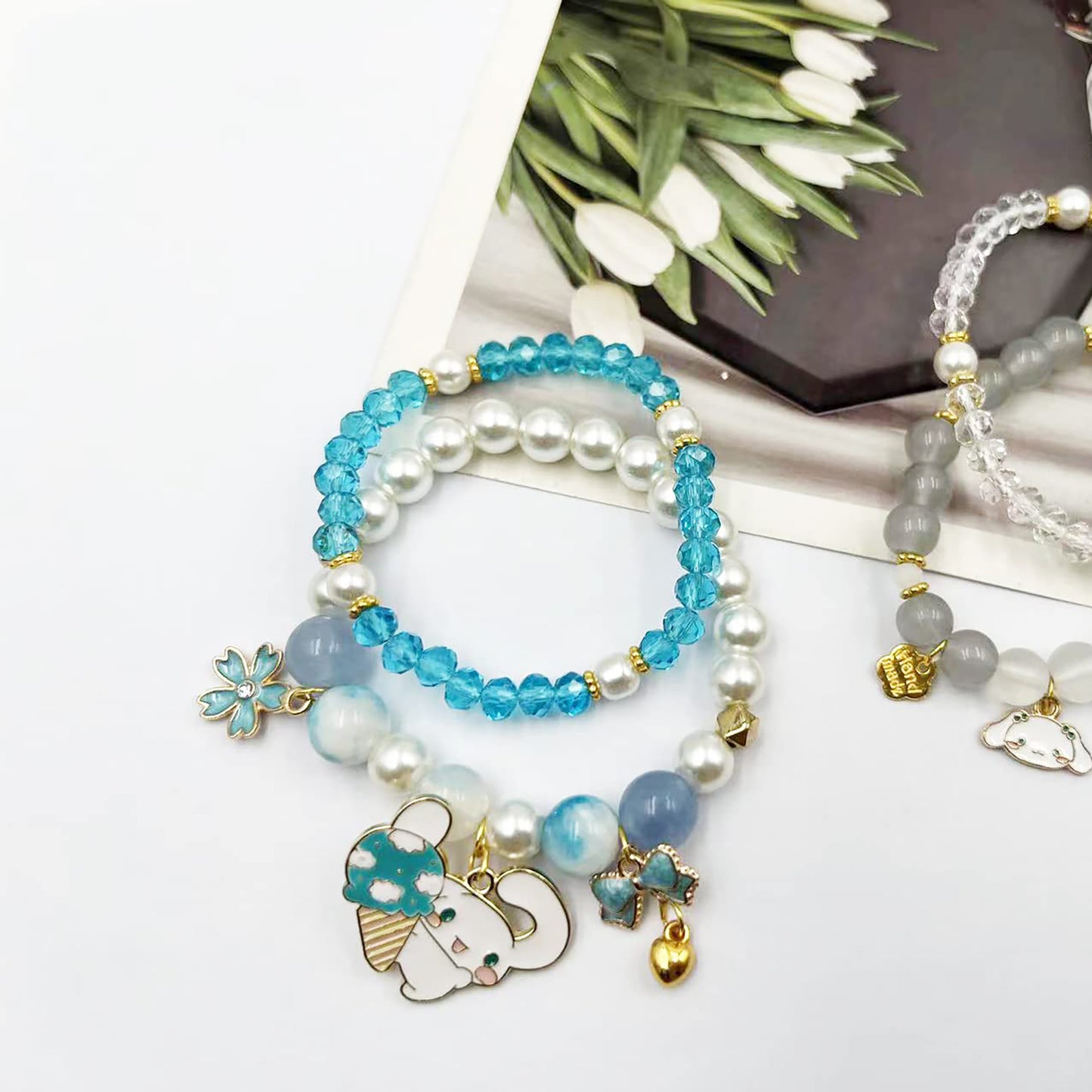 Matching Bracelets Set Crystal Beads Bracelet Cute Cartoon Elastic Beaded Pearl Bracelets Jewelry for Women Bff Friendship