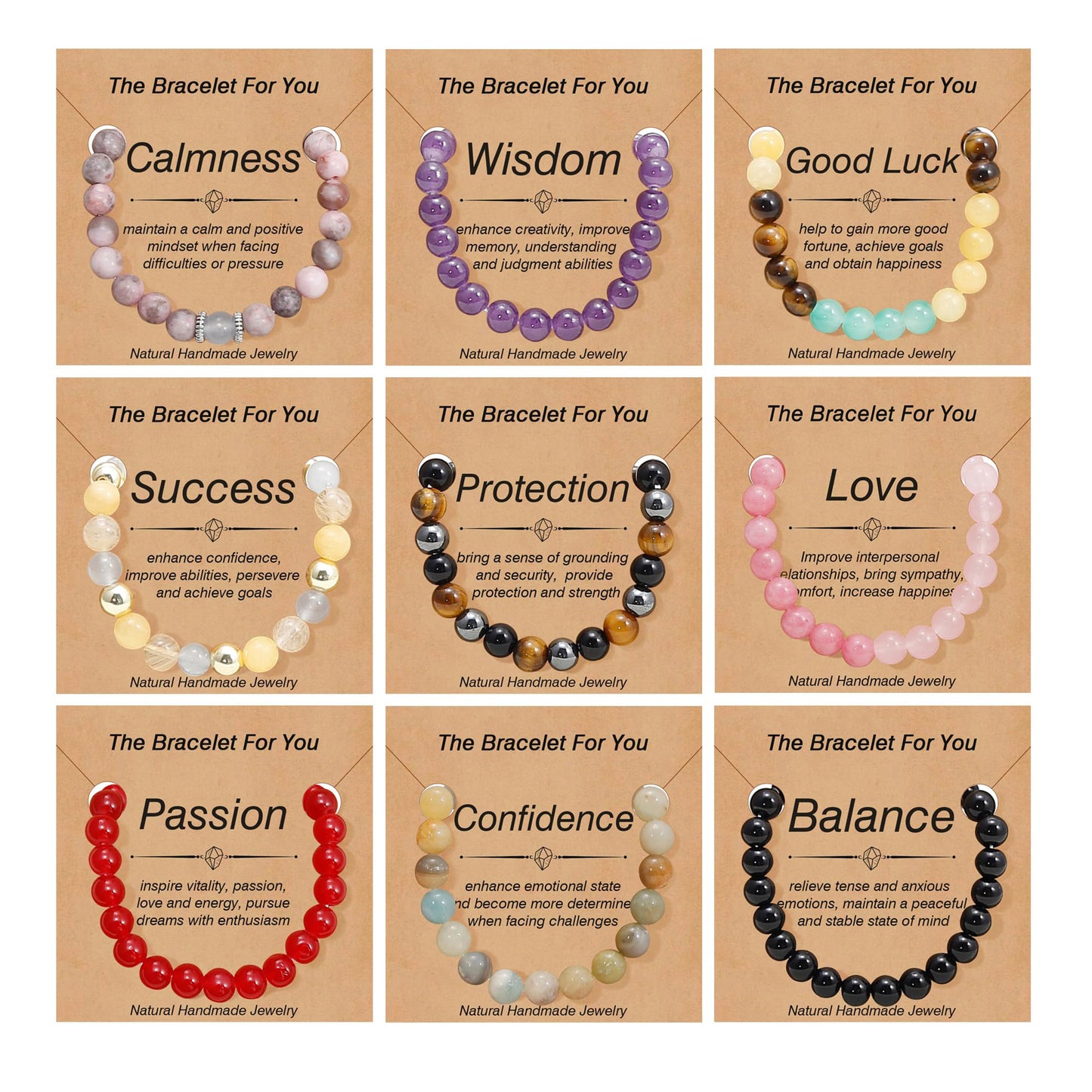 9PCS Natural Crystal Bracelets for Women Men - 8mm Semi-Precious Gemstone Beaded Bracelets, Round Gemstones Stretch Bracelet, Yoga Bracelets Jewelry