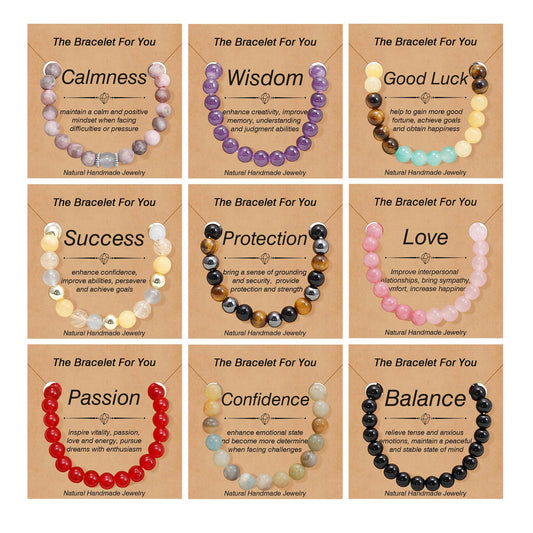 9PCS Natural Crystal Bracelets for Women Men - 8mm Semi-Precious Gemstone Beaded Bracelets, Round Gemstones Stretch Bracelet, Yoga Bracelets Jewelry