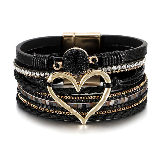 Leopard Bracelet for Women, Boho Leather Wrap Multi-Layer Pearl Crystal Bracelet Bangle Jewelry