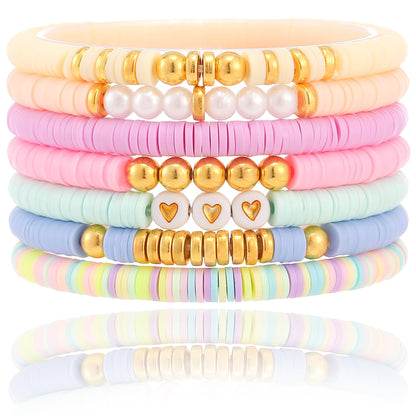 Friendship Bracelets Trendy Heishi Clay Bead Bracelets Stack Gold Beaded Stretch Bracelets for Women Boho Stackable Bracelets Bulk Cute Preppy Jewelry
