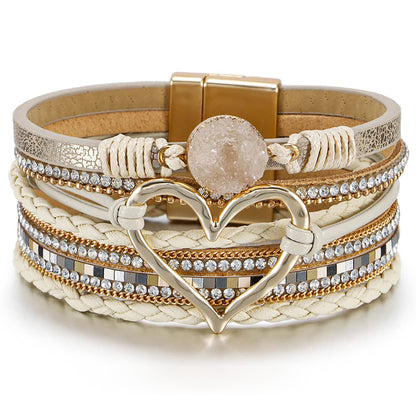 Leopard Bracelet for Women, Boho Leather Wrap Multi-Layer Pearl Crystal Bracelet Bangle Jewelry