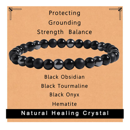 Black Onyx Tourmaline Bracelet Triple Protection Healing Crystal Bracelet Obsidian Hematite Bracelet For Men And Women