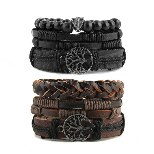 2pcs/set  Genuine Leather Tree of life Bracelets Men Women, Tiger Eye Natural Stone Lava Rock Beads Ethnic Tribal Elastic Bracelets Wristbands