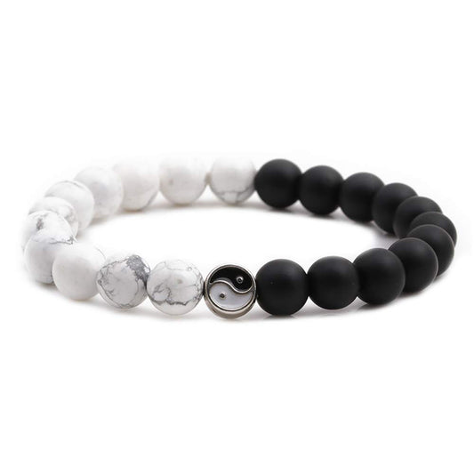 Fashion Men Women Taiji Yin Yang Feng Shui Charm Bracelet Natural White Turquoise and Black Beaded Couple Bracelets Friendship Distance Bracelet Jewelry