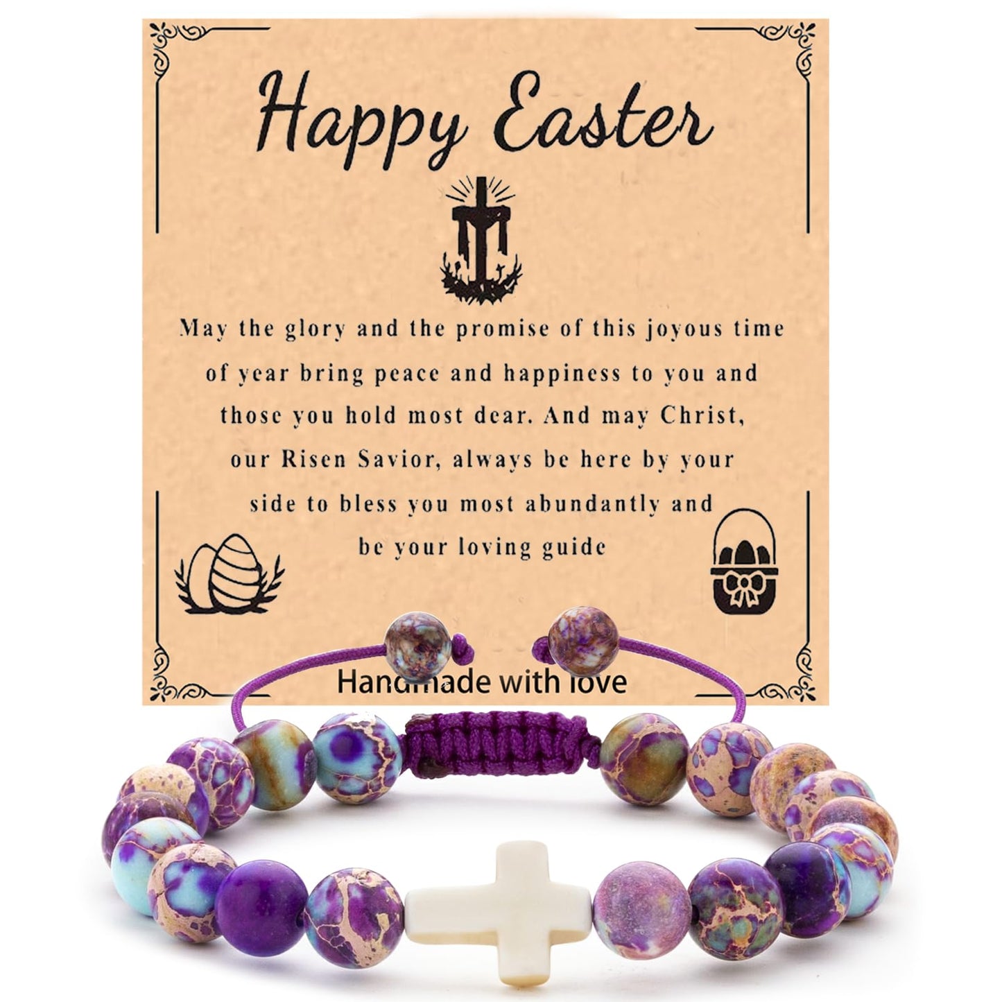 Easter Basket Stuffers for Girls, Cross Charm Bracelet Easter Gifts for Womens Natural Stone Beaded Bracelet Christian Gifts for Girls Inspirational Jewelry