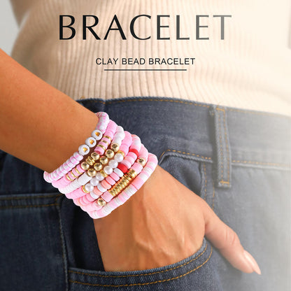 Friendship Bracelets Trendy Heishi Clay Bead Bracelets Stack Gold Beaded Stretch Bracelets for Women Boho Stackable Bracelets Bulk Cute Preppy Jewelry