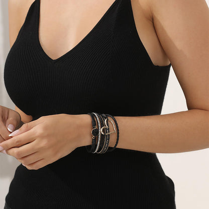 Leopard Bracelet for Women, Boho Leather Wrap Multi-Layer Pearl Crystal Bracelet Bangle Jewelry