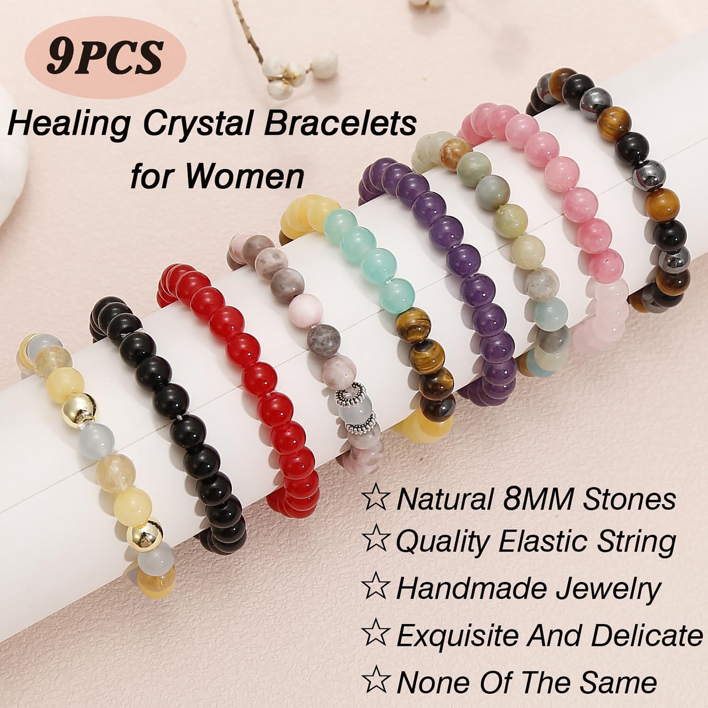 9PCS Natural Crystal Bracelets for Women Men - 8mm Semi-Precious Gemstone Beaded Bracelets, Round Gemstones Stretch Bracelet, Yoga Bracelets Jewelry