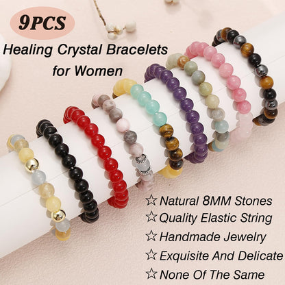 9PCS Natural Crystal Bracelets for Women Men - 8mm Semi-Precious Gemstone Beaded Bracelets, Round Gemstones Stretch Bracelet, Yoga Bracelets Jewelry