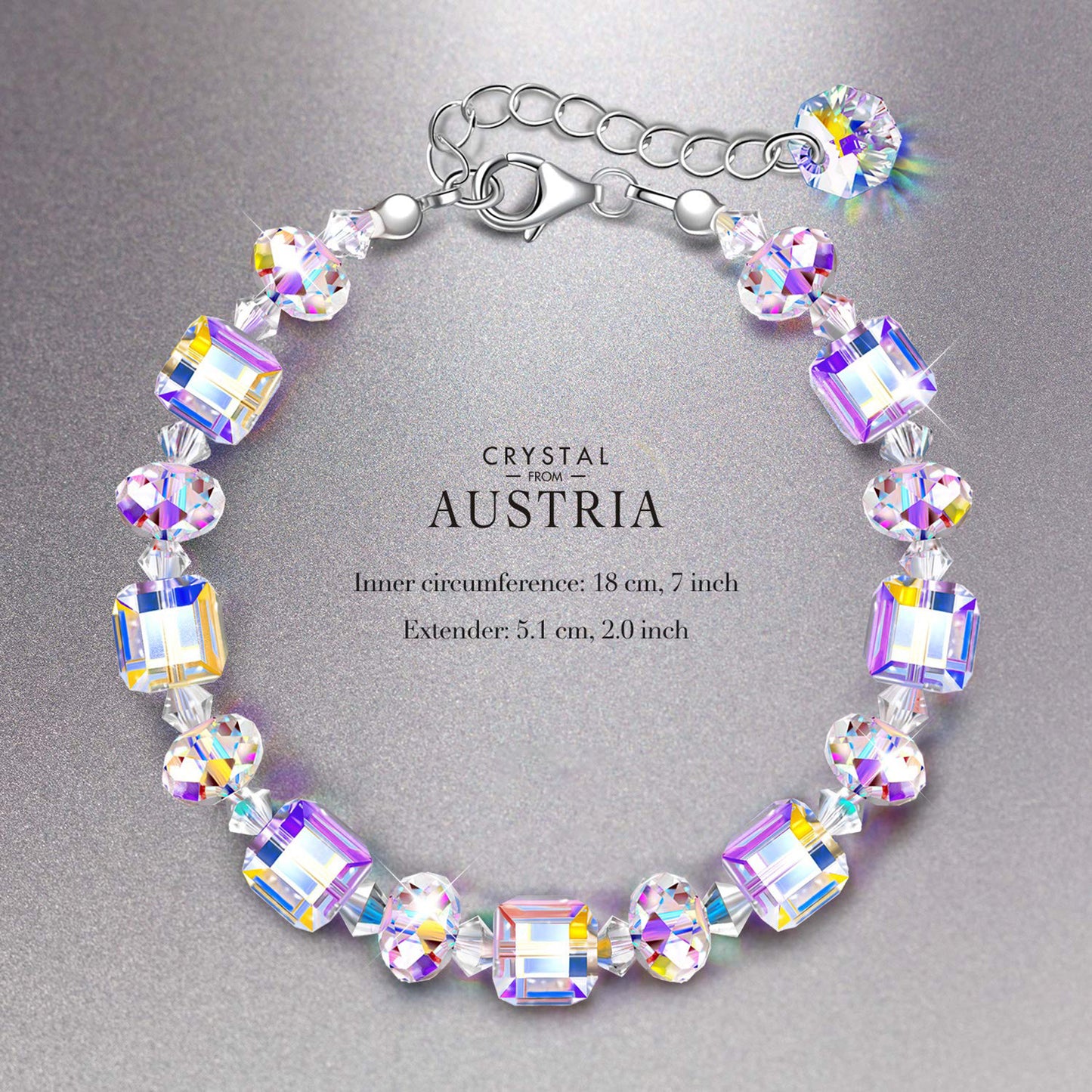 ♥ A Little Romance ♥ Sterling Silver Bracelets for Women Northern Lights Crystals Bracelet 7"+2" Extension, Packaged with Jewelry Box, Mother's Day Birthday Anniversary Jewelry Gift for Women Girls