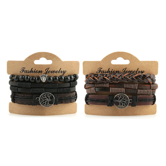 2pcs/set  Genuine Leather Tree of life Bracelets Men Women, Tiger Eye Natural Stone Lava Rock Beads Ethnic Tribal Elastic Bracelets Wristbands