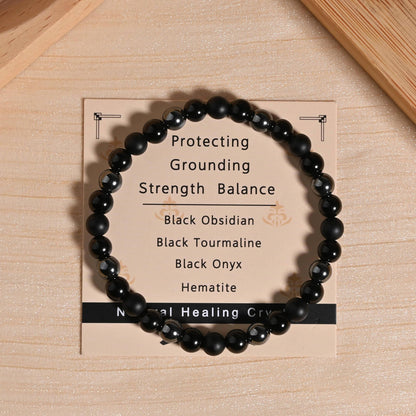 Black Onyx Tourmaline Bracelet Triple Protection Healing Crystal Bracelet Obsidian Hematite Bracelet For Men And Women