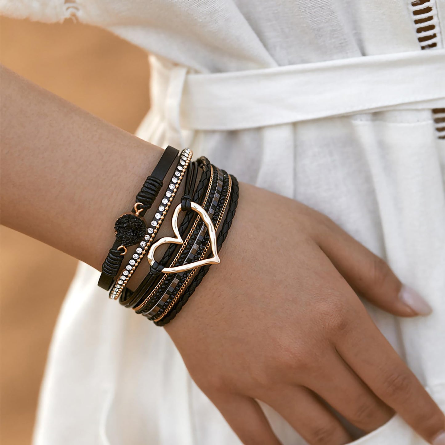 Leopard Bracelet for Women, Boho Leather Wrap Multi-Layer Pearl Crystal Bracelet Bangle Jewelry