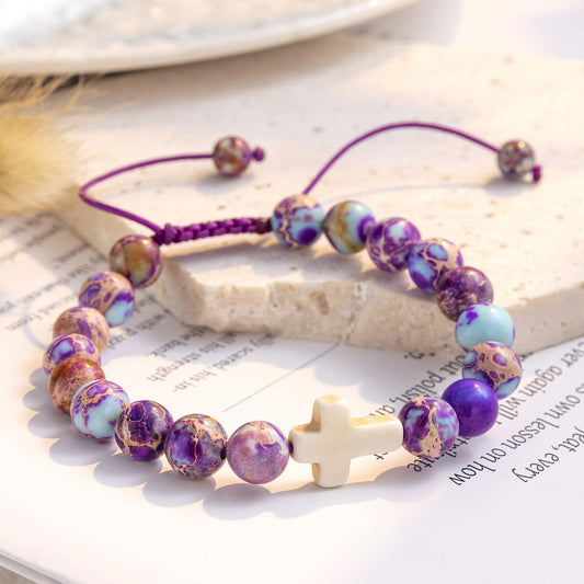 Easter Basket Stuffers for Girls, Cross Charm Bracelet Easter Gifts for Womens Natural Stone Beaded Bracelet Christian Gifts for Girls Inspirational Jewelry