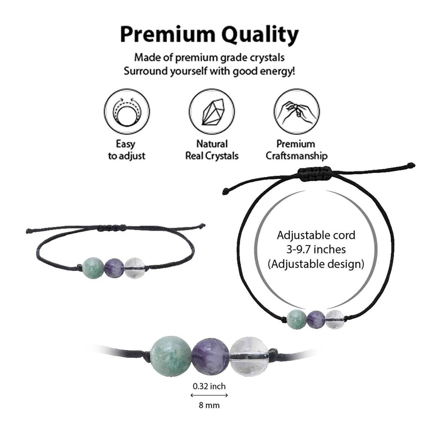 Healing Bead Bracelets - Spiritual Crystal Beaded Bracelet - Made of 3 Real & Natural Gemstones, Adjustable 3-9.7” Black Rope - Gem Stones Jewelry for Men, Women, Teens (13+) - 8mm Bead
