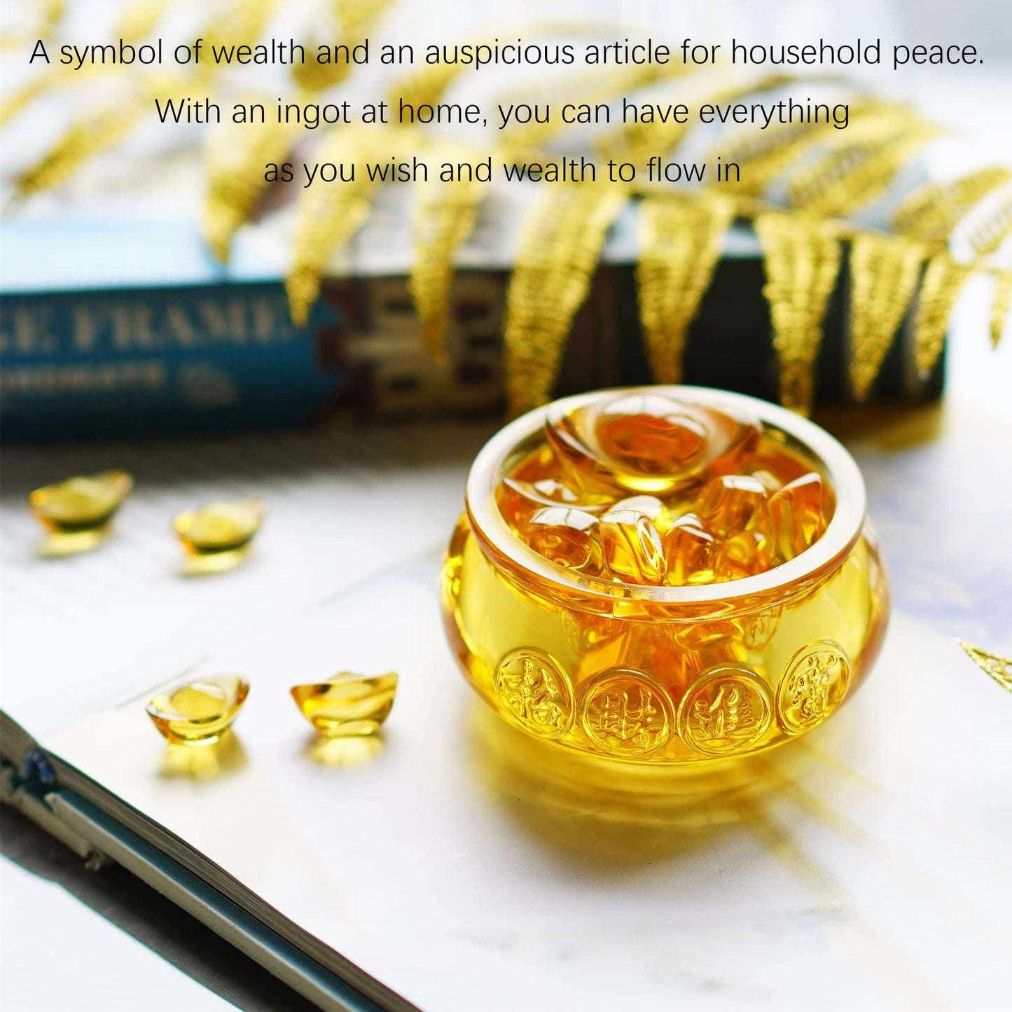 3'' Handmade Crystal Glass Golden Treasure Basin with 41pcs Ingot/Yuan Bao Good Luck Wealth Prosperity Figurine Collectibles Feng Shui Decor for Home Office