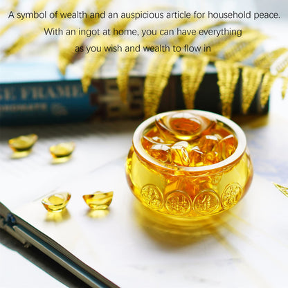 3'' Handmade Crystal Glass Golden Treasure Basin with 41pcs Ingot/Yuan Bao Good Luck Wealth Prosperity Figurine Collectibles Feng Shui Decor for Home Office