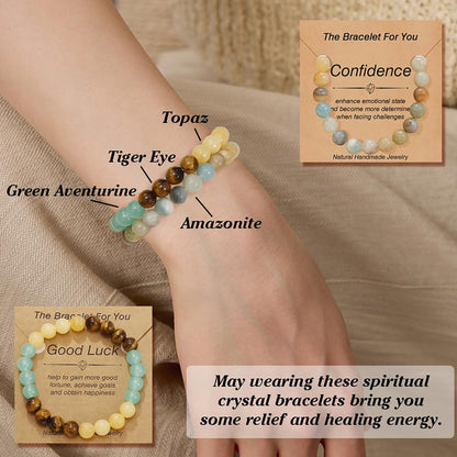 9PCS Natural Crystal Bracelets for Women Men - 8mm Semi-Precious Gemstone Beaded Bracelets, Round Gemstones Stretch Bracelet, Yoga Bracelets Jewelry