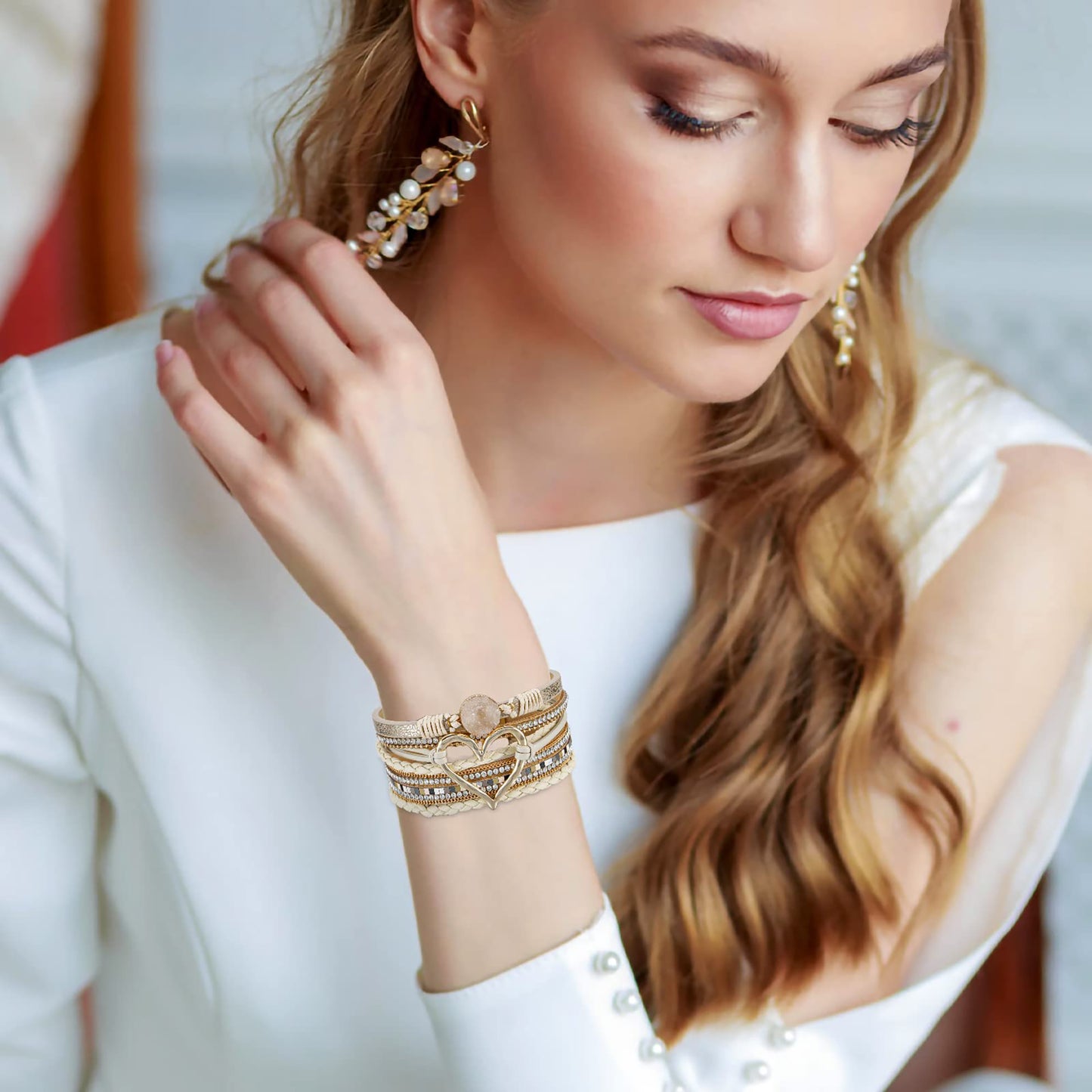 Leopard Bracelet for Women, Boho Leather Wrap Multi-Layer Pearl Crystal Bracelet Bangle Jewelry