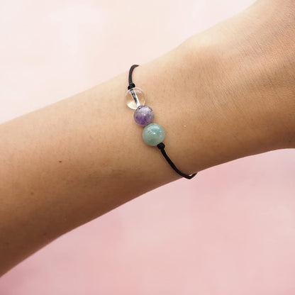 Healing Bead Bracelets - Spiritual Crystal Beaded Bracelet - Made of 3 Real & Natural Gemstones, Adjustable 3-9.7” Black Rope - Gem Stones Jewelry for Men, Women, Teens (13+) - 8mm Bead