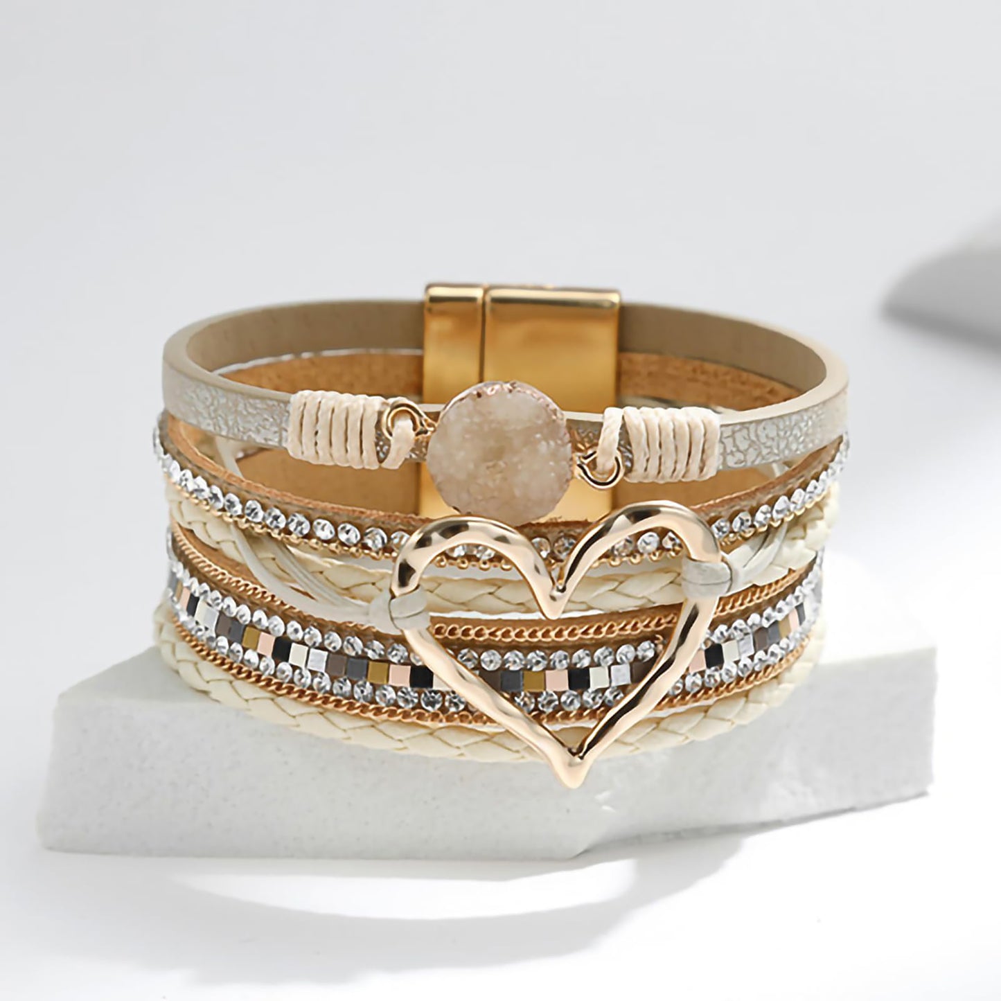 Leopard Bracelet for Women, Boho Leather Wrap Multi-Layer Pearl Crystal Bracelet Bangle Jewelry