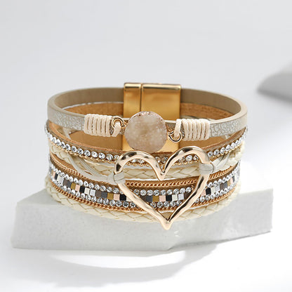 Leopard Bracelet for Women, Boho Leather Wrap Multi-Layer Pearl Crystal Bracelet Bangle Jewelry